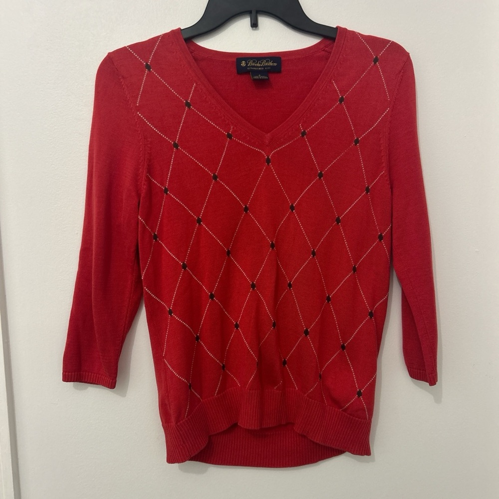 Brooks Brothers Red V-Neck Silk Cotton Sweater with Argyle Design Size Small